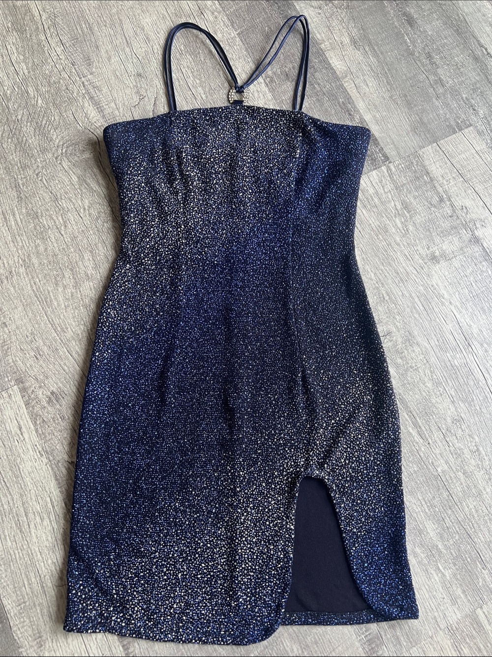 Vintage Caché Navy Blue Glitter Metallic Mini Dress Rhinestone Slit Y2K Size 8